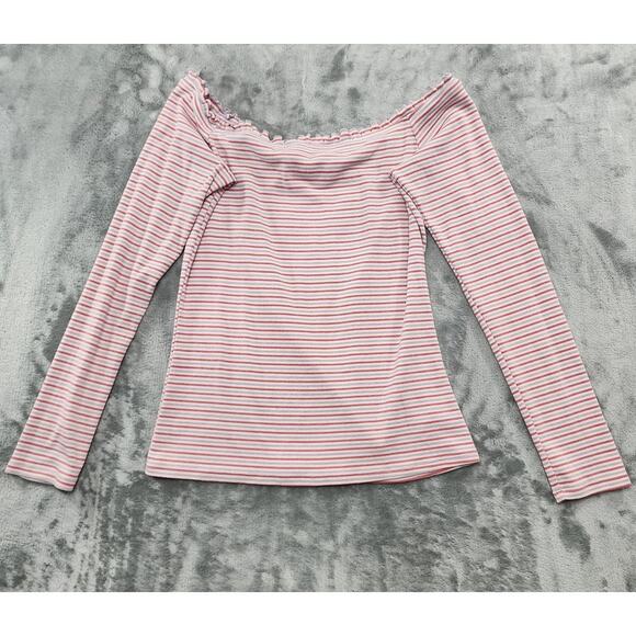 Aeropostale Off the Shoulder Long Sleeve Striped Lettuce-Trim Top Size XL Pink - Picture 1 of 8